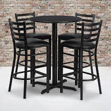30'' Round Black Laminate Table Set with 4 Ladder Back Metal Barstools - Black Vinyl Seat