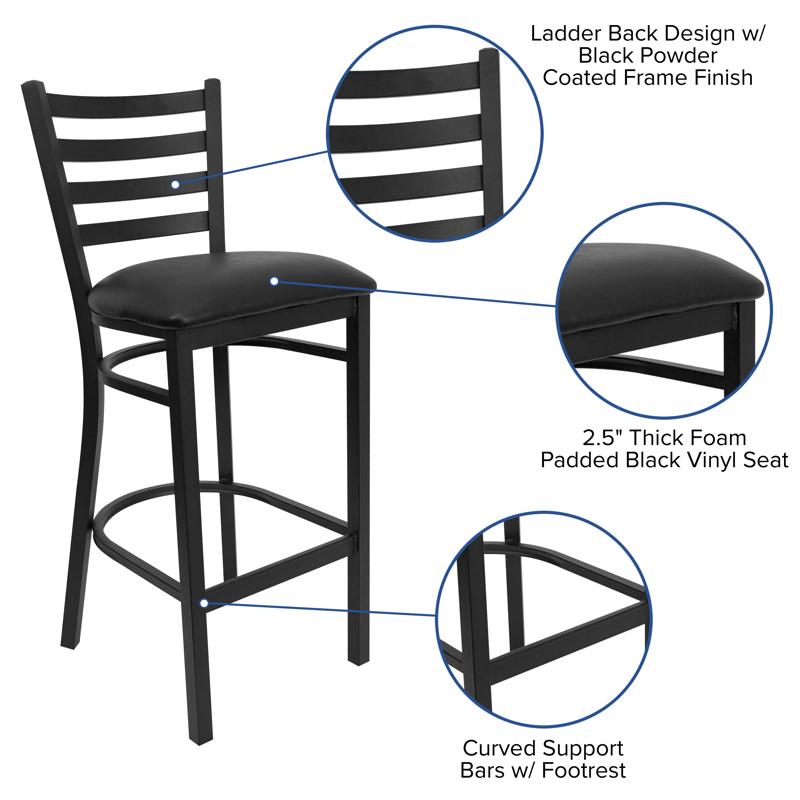 Heavy Duty Black Ladder Back Metal Restaurant Barstool features