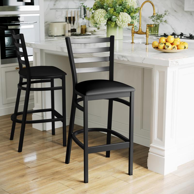 Heavy Duty Black Ladder Back Metal Barstool - Black Vinyl Seat