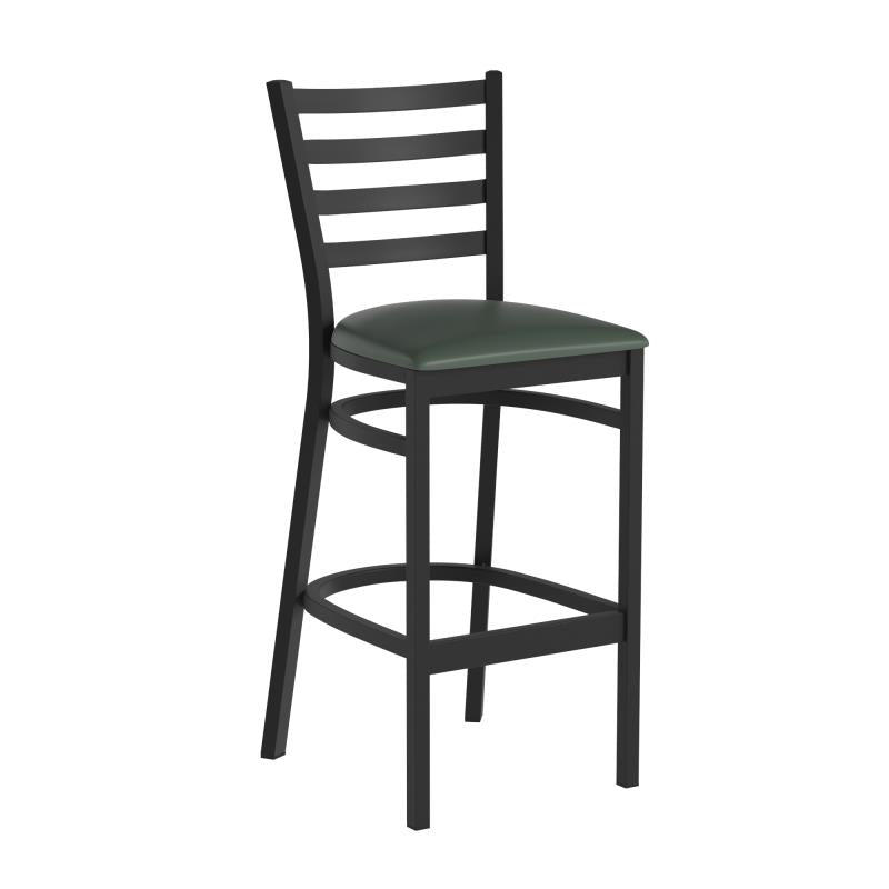 Black Ladder Back Metal Restaurant Barstool Green Vinyl Seat