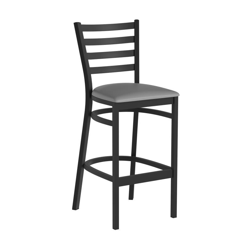 Black Ladder Back Metal Restaurant Barstool Grey Vinyl Seat