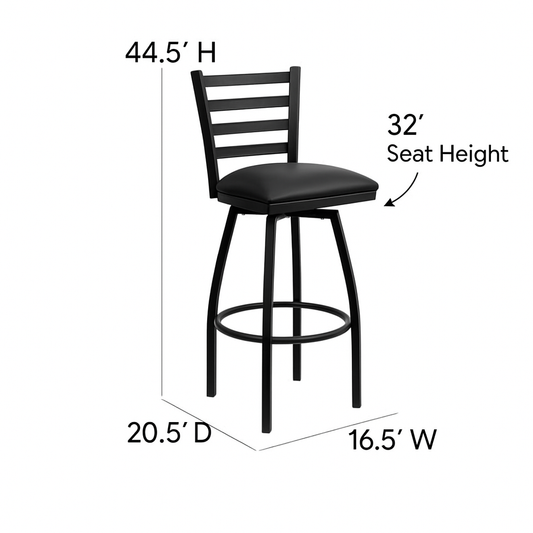 Heavy Duty Black Ladder Back Swivel Metal Bar Stool - Black Vinyl Seat - Dimensions