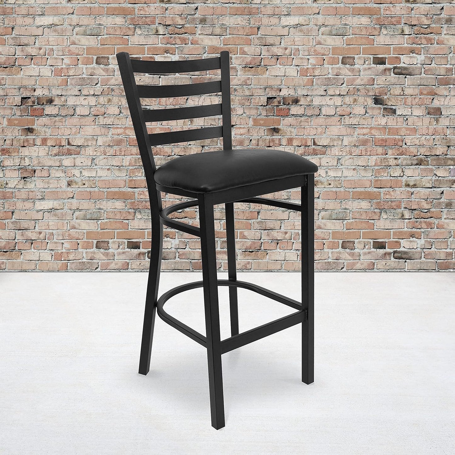 Heavy Duty Black Ladder Back Metal Restaurant Barstool - Black Vinyl Seat