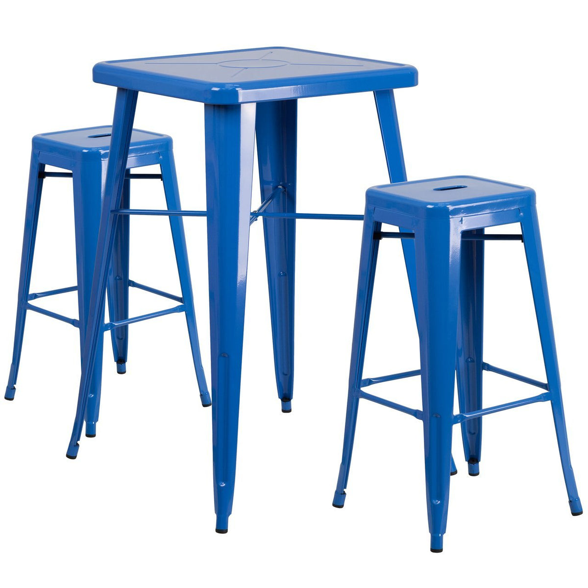 23.75'' Square Blue Metal Indoor-Outdoor Bar Table Set with 2 Square Seat Backless Stools