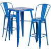 23.75'' Square Blue Metal Indoor-Outdoor Bar Table Set with 2 Stools with Backs