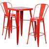 23.75'' Square Red Metal Indoor-Outdoor Bar Table Set with 2 Stools with Backs