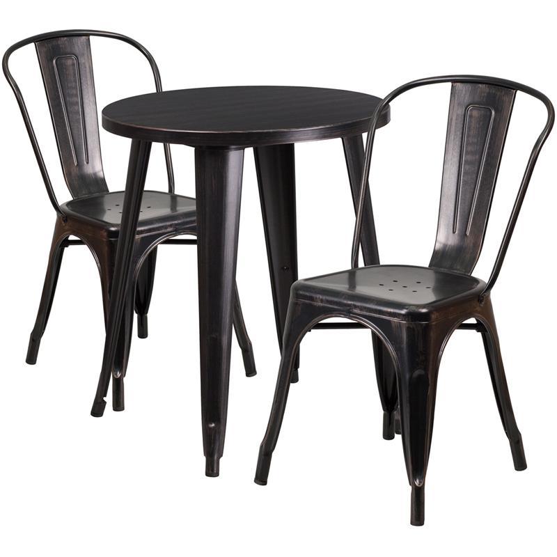 24'' Round Black-Antique Gold Metal Indoor-Outdoor Table Set with 2 Cafe Chairs