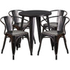 24'' Round Black-Antique Gold Metal Indoor-Outdoor Table Set with 4 Arm Chairs