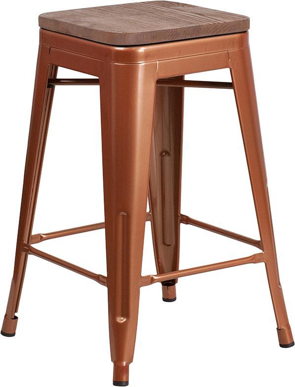 24" High Backless Copper Counter Height Stool with Square Wood Seat