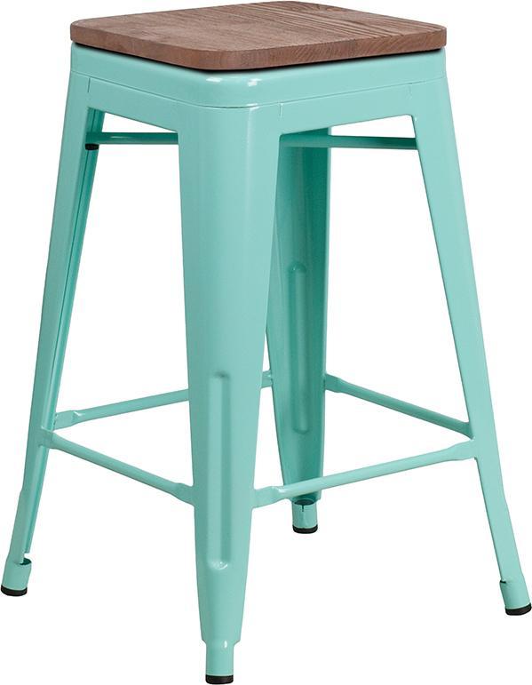 24" High Backless Mint Green Counter Height Stool with Square Wood Seat