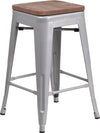 24" High Backless Silver Metal Counter Height Stool with Square Wood Seat