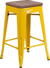24" High Backless Yellow Metal Counter Height Stool with Square Wood Seat