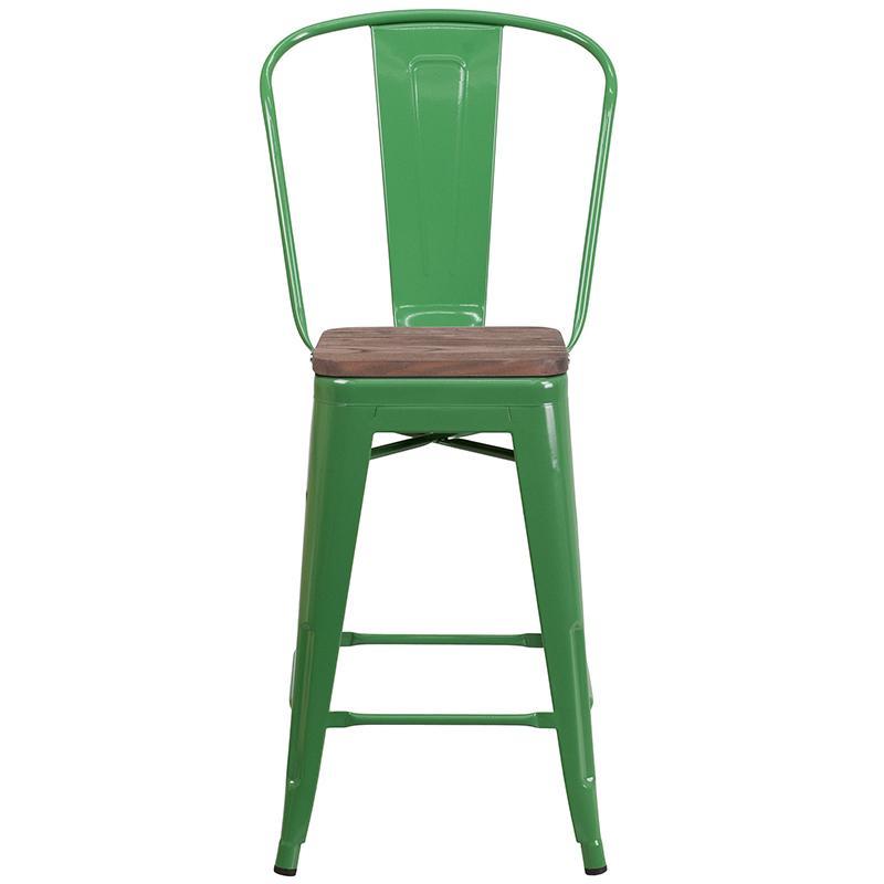 24" High Green Metal Counter Height Stool with Back with wood seat