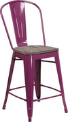 24" High Purple Metal Counter Height Stool with Back and Wood Seat
