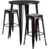 30'' Round Black-Antique Gold Metal Indoor-Outdoor Bar Table Set with 2 Square Seat Backless Stools