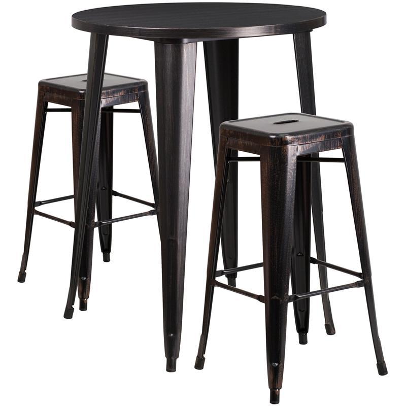 30'' Round Black-Antique Gold Metal Indoor-Outdoor Bar Table Set with 2 Square Seat Backless Stools