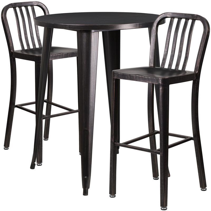 30'' Round Black-Antique Gold Metal Indoor-Outdoor Bar Table Set with 2 Vertical Slat Back Stools