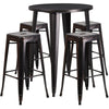 30'' Round Black-Antique Gold Metal Indoor-Outdoor Bar Table Set with 4 Square Seat Backless Stools
