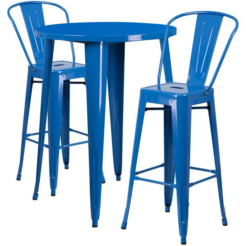 30'' Round Blue Metal Indoor-Outdoor Bar Table Set with 2 Cafe Stools