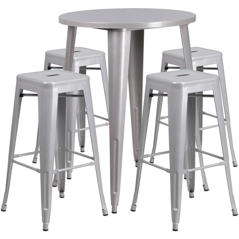 30'' Round Silver Metal Indoor-Outdoor Bar Table Set with 4 Square Seat Backless Stools