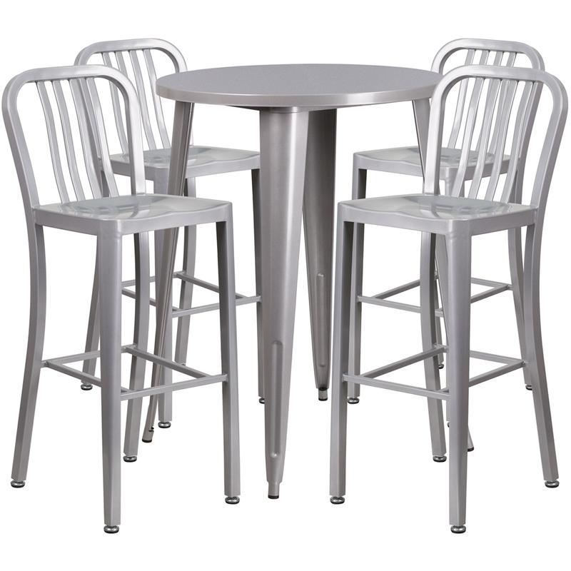 30'' Round Silver Metal Indoor-Outdoor Bar Table Set with