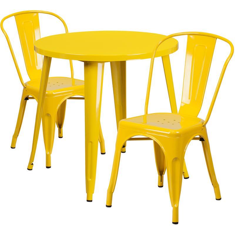 30'' Round Yellow Metal Indoor-Outdoor Table Set with 2 Cafe Chairs