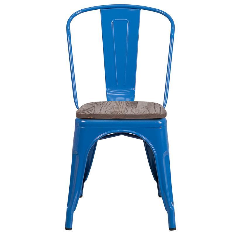 Blue Metal Chair with Wood Seat