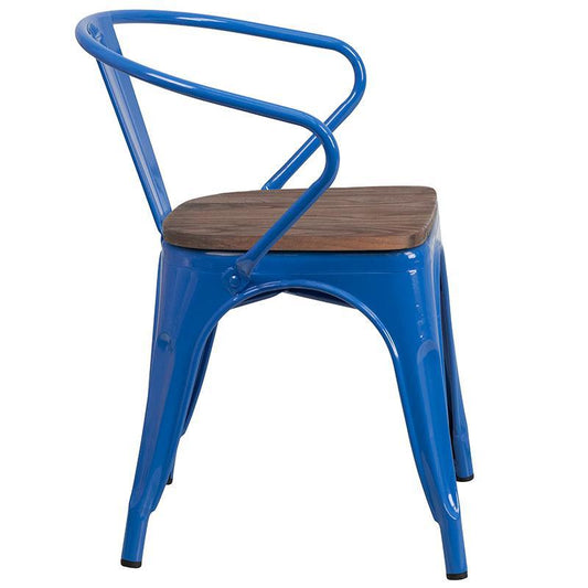 Blue Metal Chair with Wood Seat