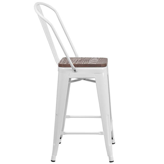 White Metal Counter Height Stool with Back and Wood Seat