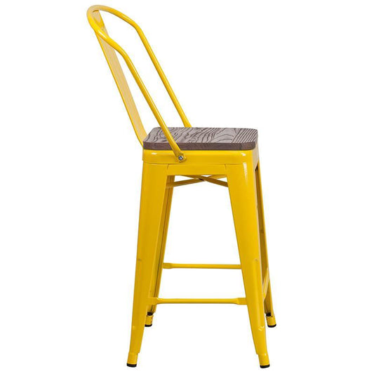 High Yellow Metal Counter Height Stool with Back and Wood Seat