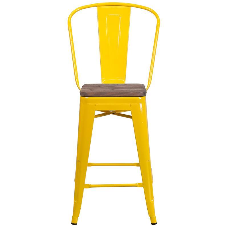 24" High Yellow Metal Counter Height Stool with Back and Wood Seat - Front