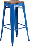 30" High Backless Blue Metal Barstool with Square Wood Seat