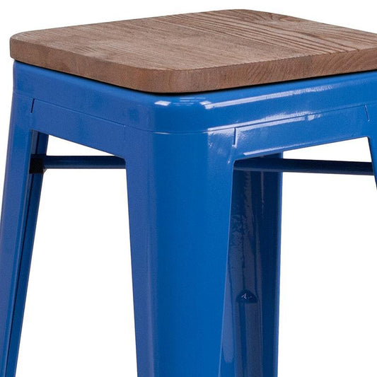 Backless Blue Metal Barstool body with Square Wood Seat