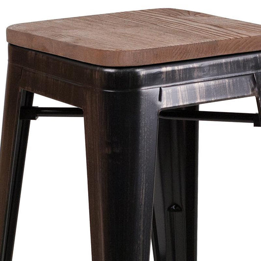 Backless Black-Antique Gold Metal Barstool body with Wooden Seat