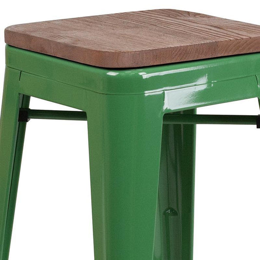 Backless Green Metal Barstool body with Square Wood Seat