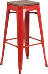 30" High Backless Red Metal Barstool with Square Wood Seat
