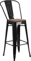 30" High Black Metal Barstool with Back and Wood Seat