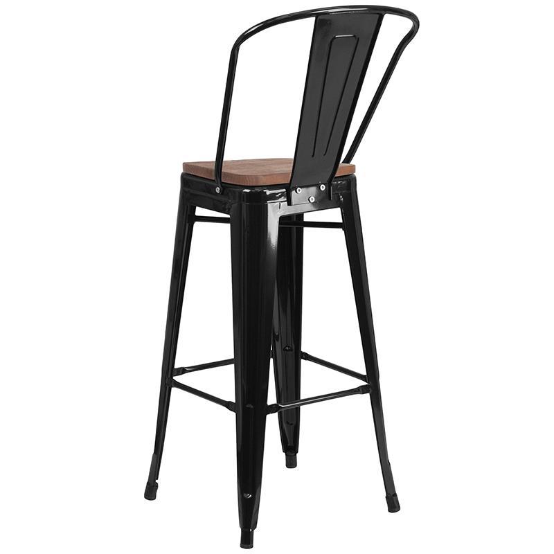 30" High Black Metal Barstool with Back and Wood Seat Wholesale Bar