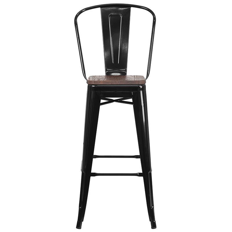 30" High Black Metal Barstool with Back and Wood Seat Front