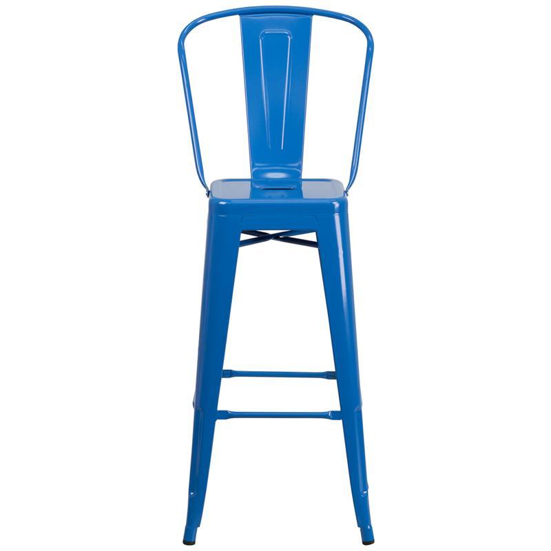 30'' High Blue Metal IndoorOutdoor Barstool with Back Wholesale Bar