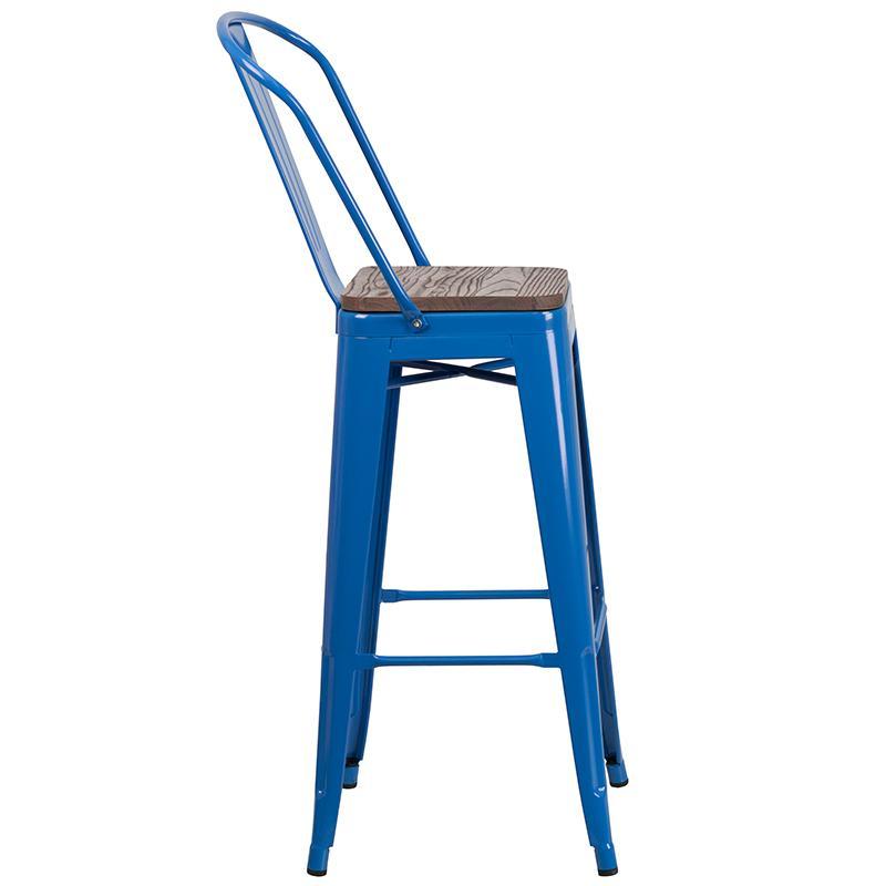 High Blue Metal Barstool and Wood Seat Wholesale Bar Stool Club