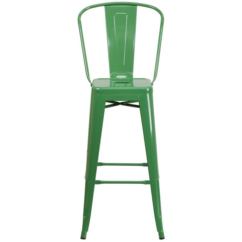 30'' High Green Metal IndoorOutdoor Barstool with Back Wholesale Bar Stool Club