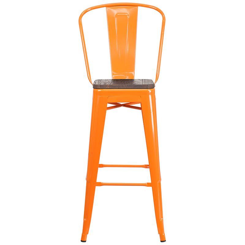 30" High Orange Metal Barstool with Back and Wood Seat - Front