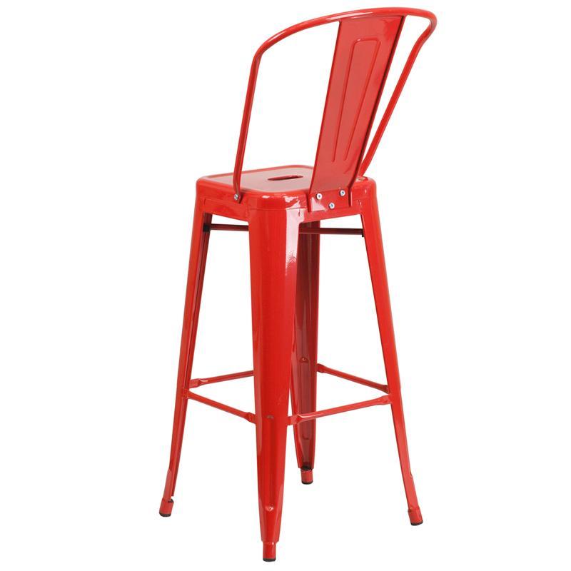 30'' High Red Metal IndoorOutdoor Barstool with Back Wholesale Bar Stool Club