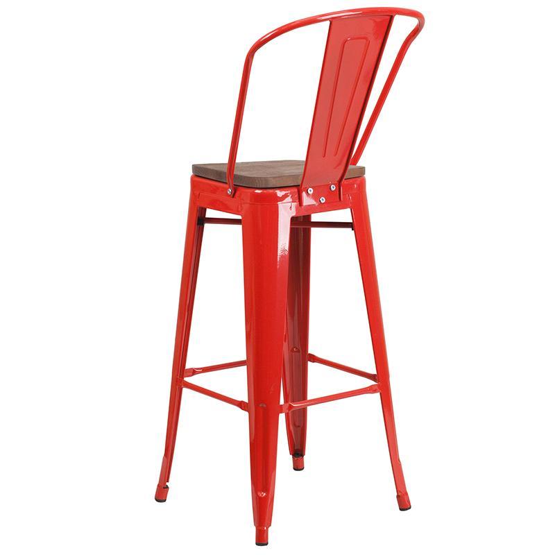 30" High Red Metal Barstool with Back and Wood Seat Wholesale Bar
