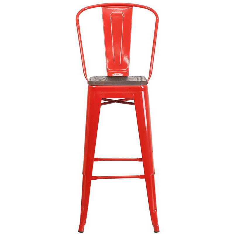 30" High Red Metal Barstool with Back and Wood Seat - front