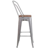 30" Silver Metal Barstool with Back and Wood Seat