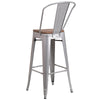 Silver Metal Barstool with Back and Wood Seat