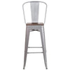 30" High Silver Metal Barstool with Back and Wood Seat - Front