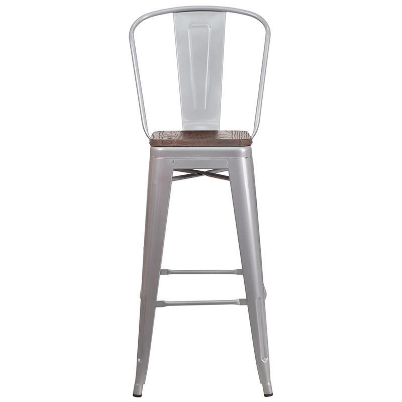 30" High Silver Metal Barstool with Back and Wood Seat - Front